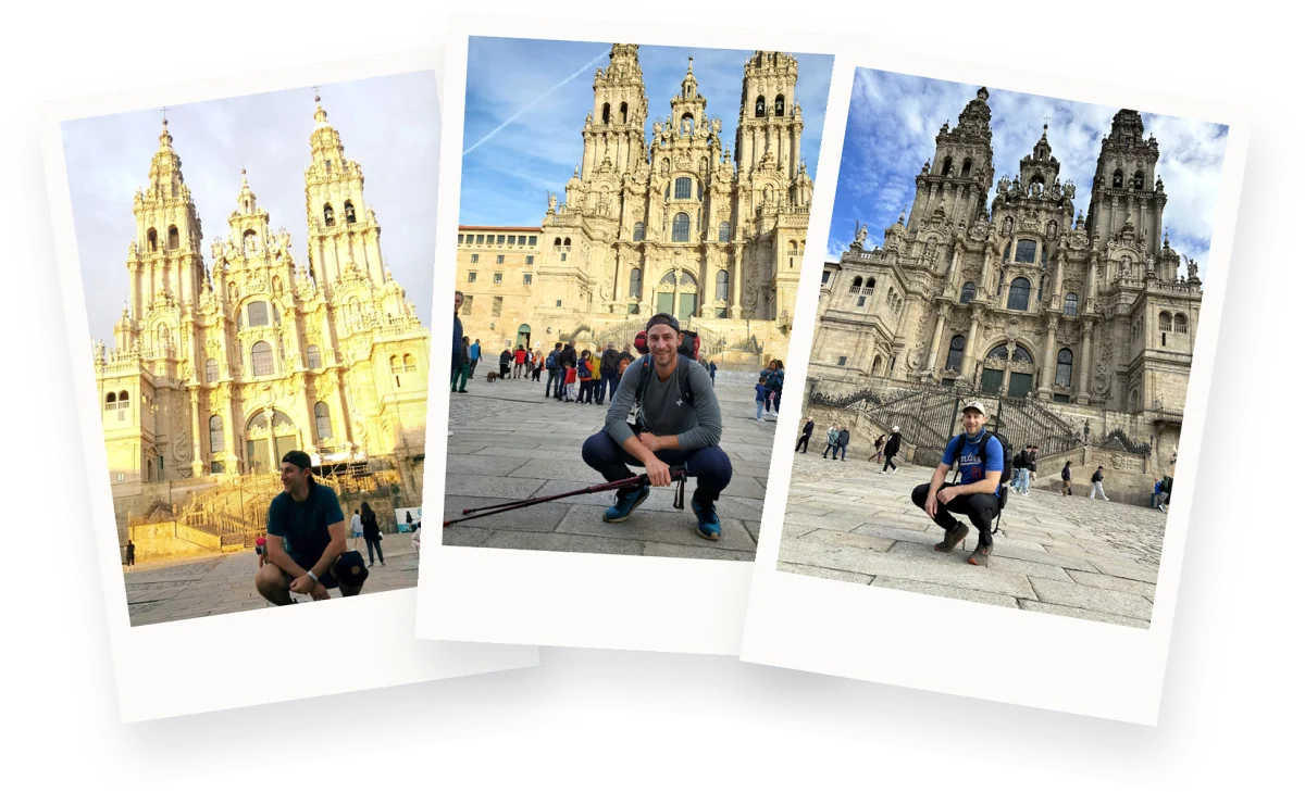 Arriving at the cathedral in Santiago de Compostela, three Caminos